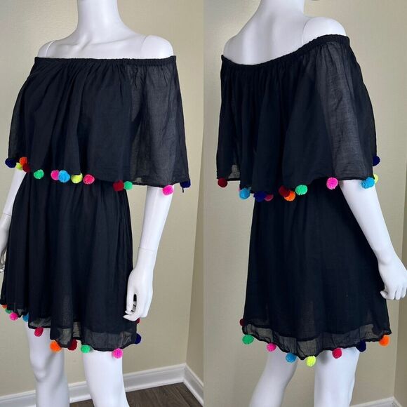 Pitusa Womens Size Standard Black Pompom Festival Cotton Mini Coverup Dress Boho - Picture 1 of 17